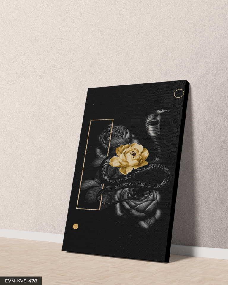 Gold Gül ve Yılan Tek Parça Kanvas - Canvas Tablo 140 x 90 CM - Çok Renkli