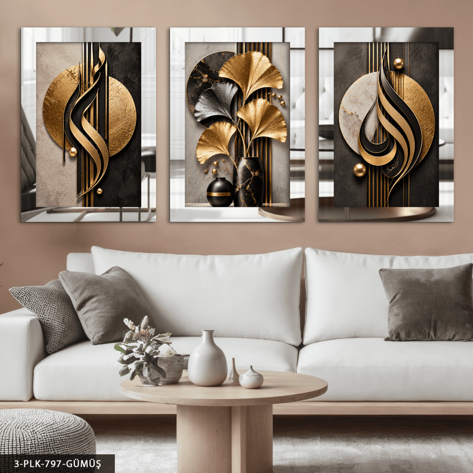 Siyah Gold Desenler ve Yaprak 3 Parça Pleksi Aynalı Tablo Gümüş - 30 x 40 CM