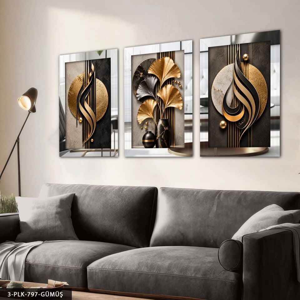 Siyah Gold Desenler ve Yaprak 3 Parça Pleksi Aynalı Tablo Gümüş - 30 x 40 CM