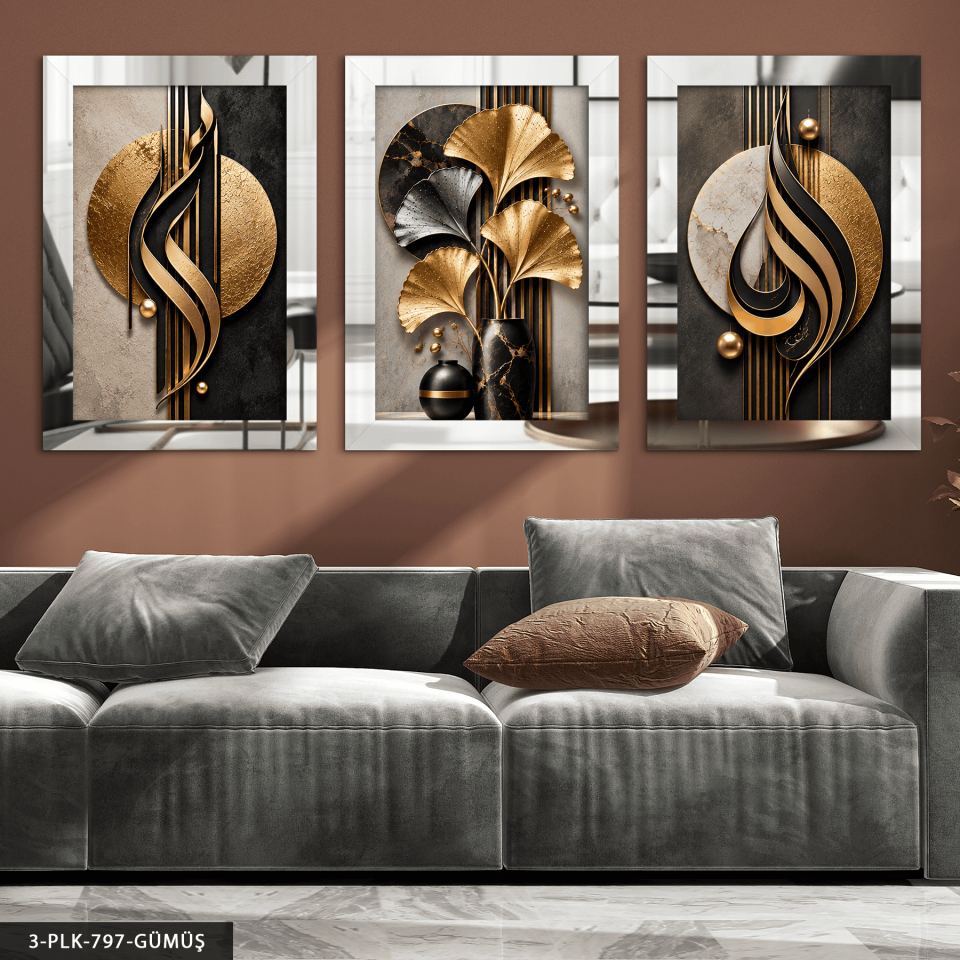 Siyah Gold Desenler ve Yaprak 3 Parça Pleksi Aynalı Tablo Gümüş - 30 x 40 CM
