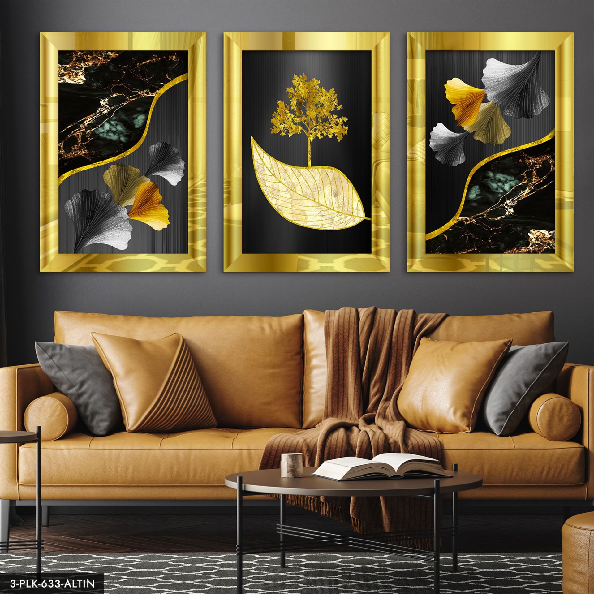 Gold Ağaç ve Yaprak 3 Parça Pleksi Aynalı Tablo 60 x 80 CM - Gold