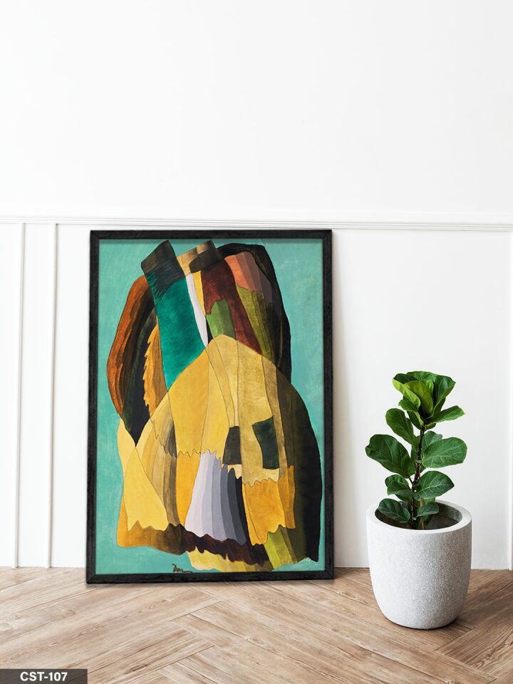 Sarı-yeşil Tonlarda Soyut Figür Tek Parça Ahşap Çerçeveli Tablo Siyah - 20 x 30 CM