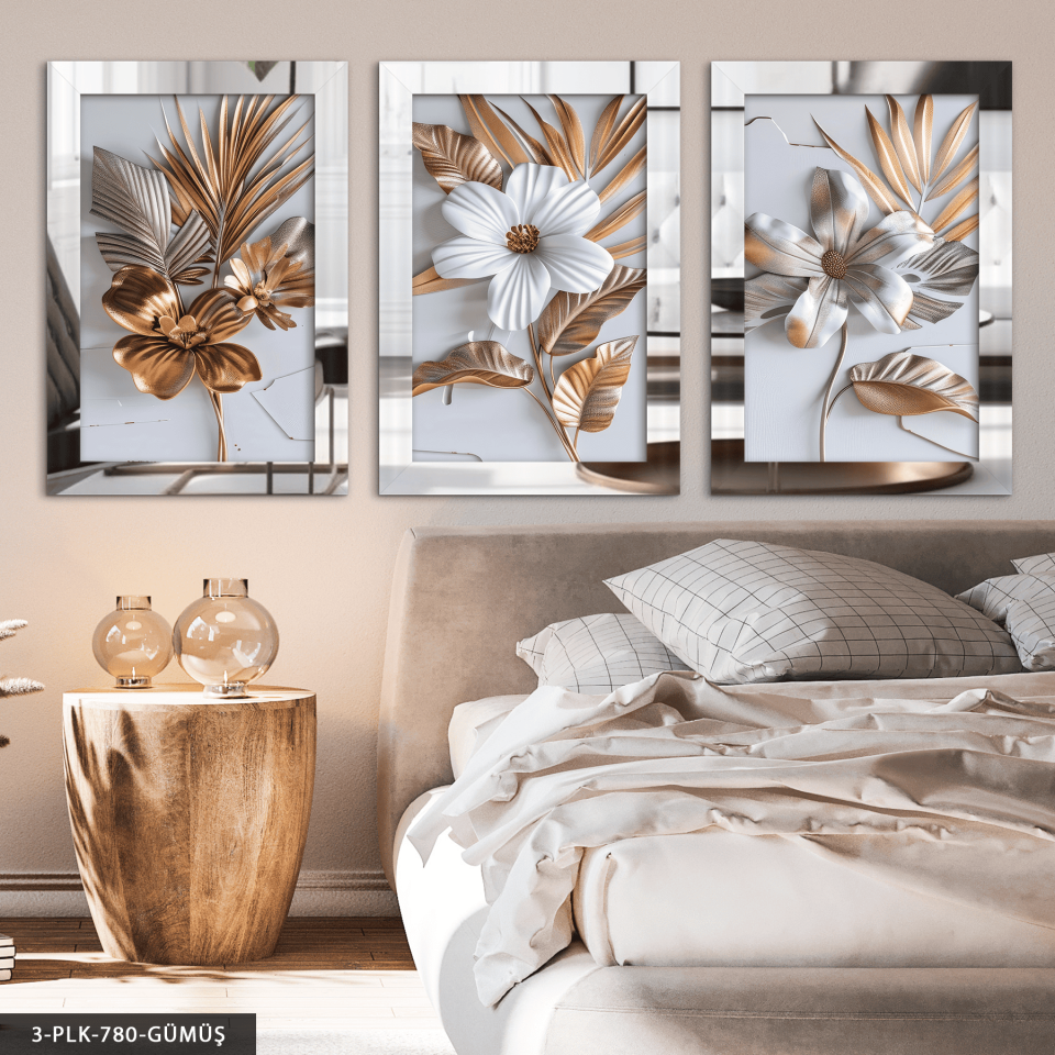 Dokulu Görünüm Beyaz Çiçek 3 Parça Pleksi Aynalı Tablo Gümüş - 40 x 60 CM