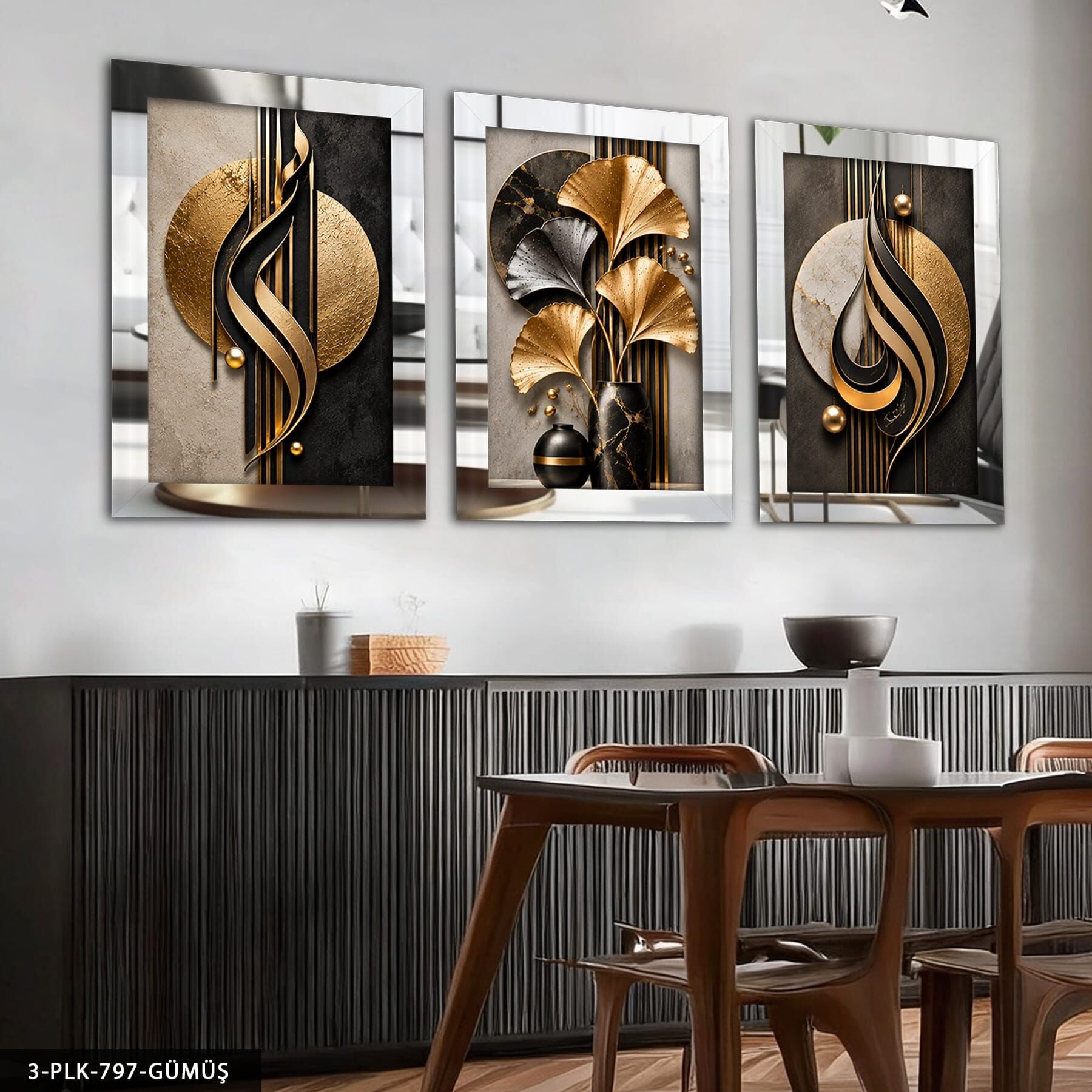Siyah Gold Desenler ve Yaprak 3 Parça Pleksi Aynalı Tablo Gümüş - 40 x 60 CM