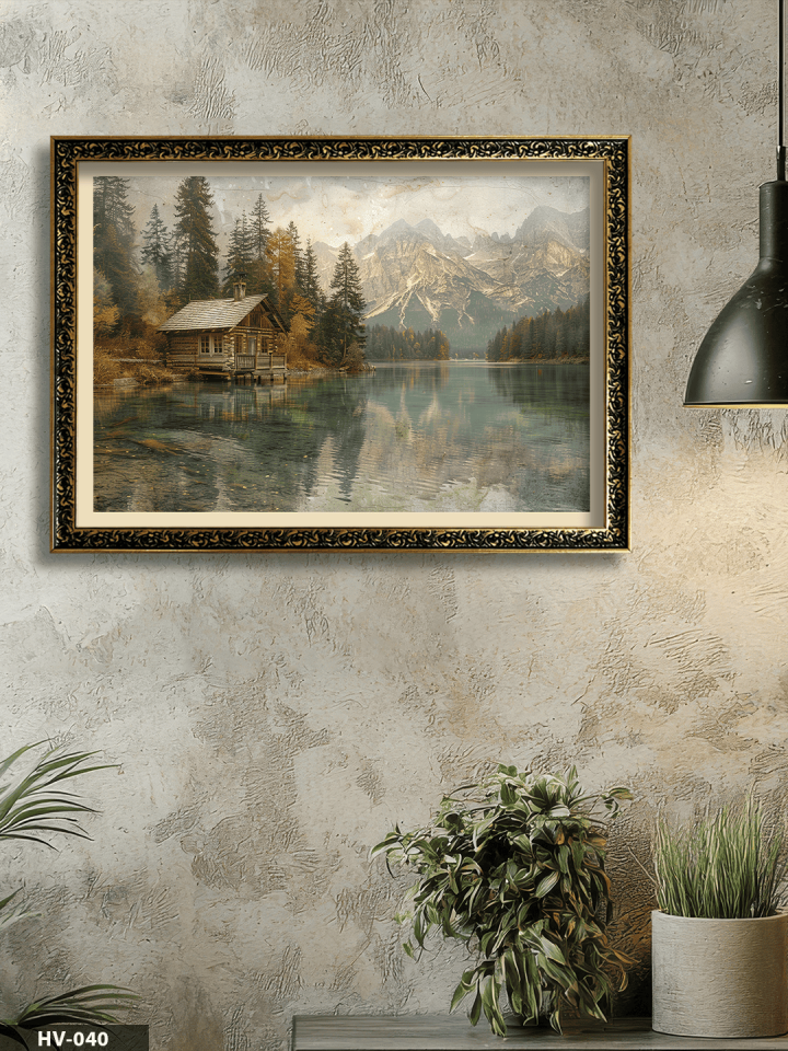Dağ Evi Vintage Desenli Premium Çerçeveli Tek Parça Tablo 75x55 CM HV