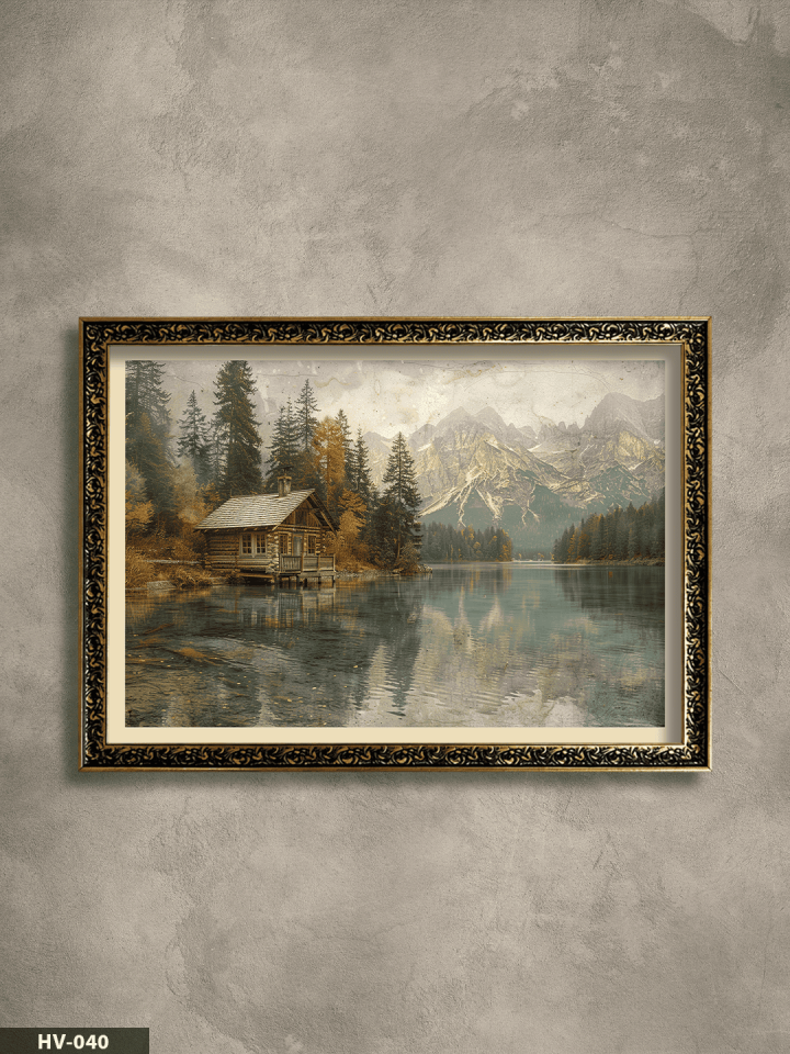 Dağ Evi Vintage Desenli Premium Çerçeveli Tek Parça Tablo 75x55 CM HV