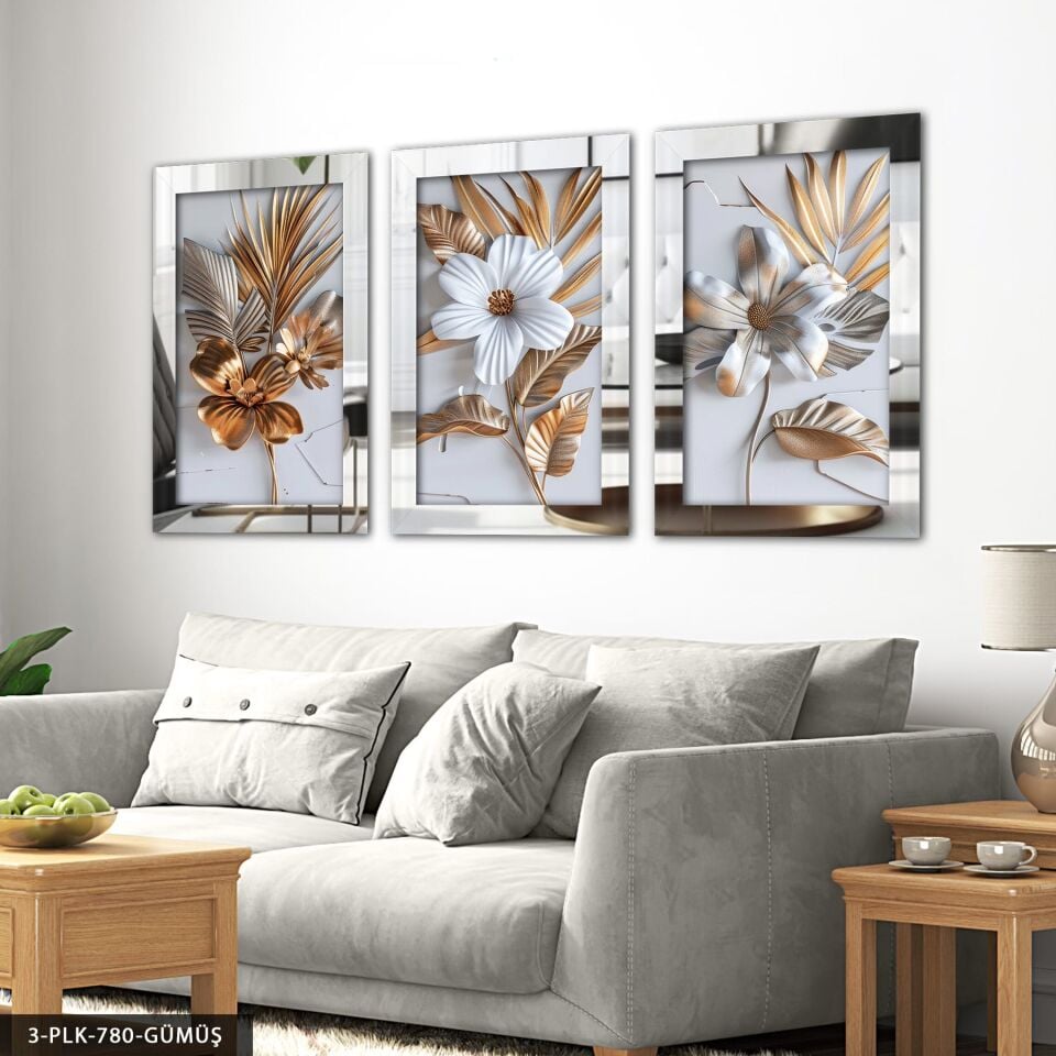 Dokulu Görünüm Beyaz Çiçek 3 Parça Pleksi Aynalı Tablo Gümüş - 50 x 70 CM