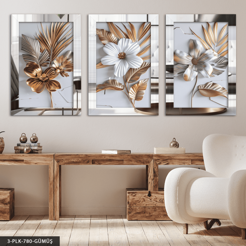Dokulu Görünüm Beyaz Çiçek 3 Parça Pleksi Aynalı Tablo Gümüş - 50 x 70 CM