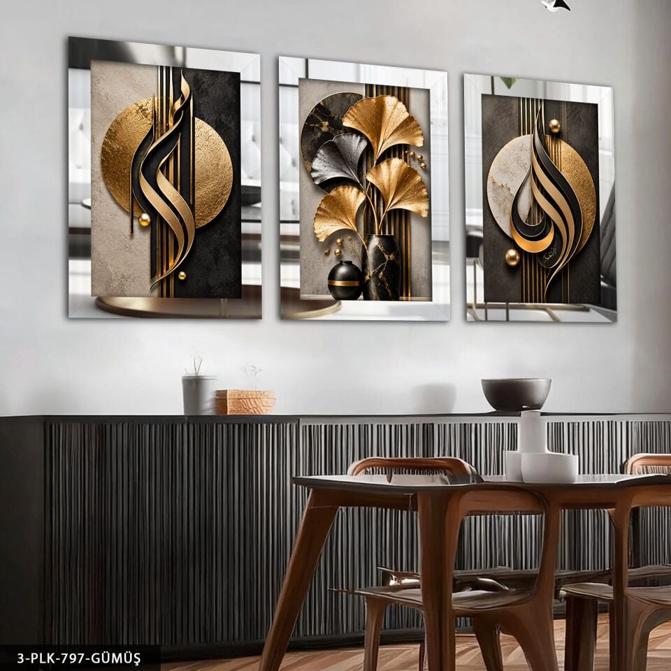 Siyah Gold Desenler ve Yaprak 3 Parça Pleksi Aynalı Tablo Gümüş - 50 x 70 CM