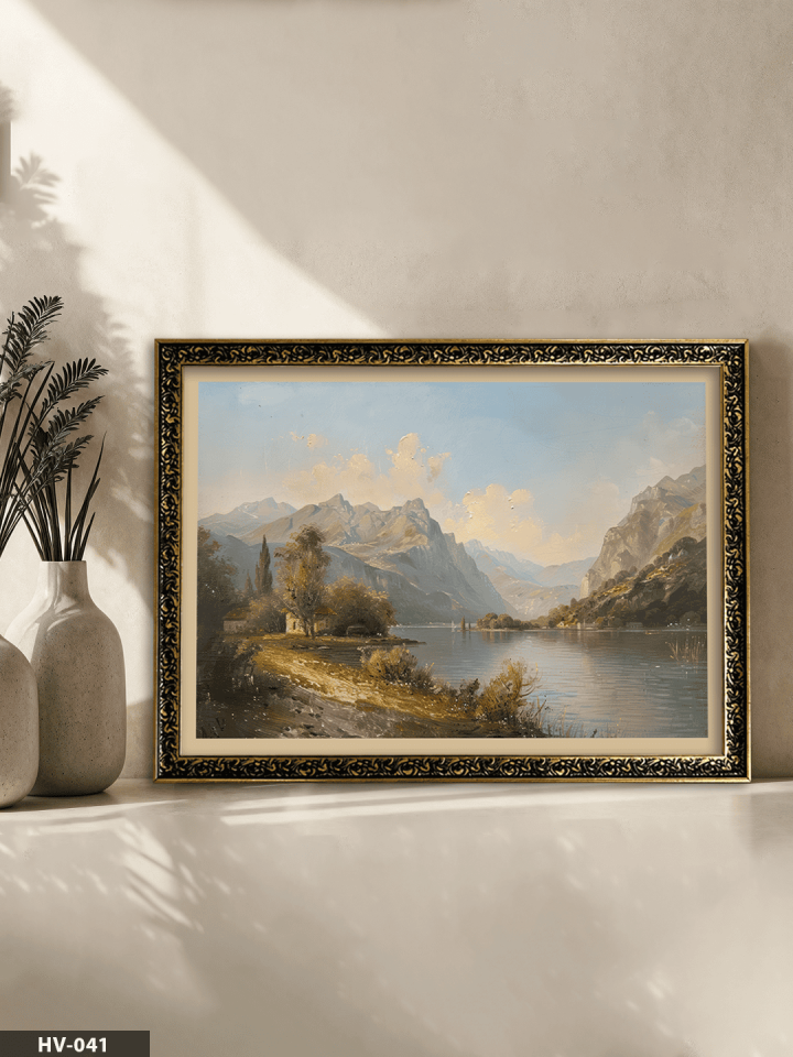 Göl Manzarası Vintage Desenli Premium Çerçeveli Tek Parça Tablo 75x55 CM HV