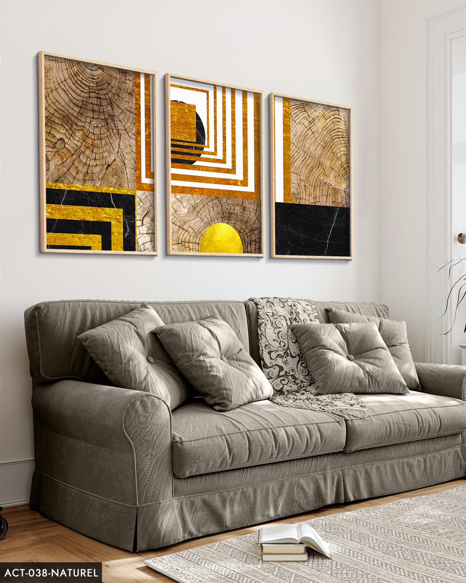 Soyut Sanatsal Desen 3 Parça Ahşap Çerçeveli Tablo ACT Naturel - 30 x 40 CM