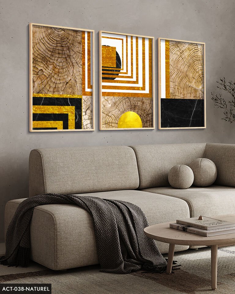 Soyut Sanatsal Desen 3 Parça Ahşap Çerçeveli Tablo ACT Naturel - 30 x 40 CM