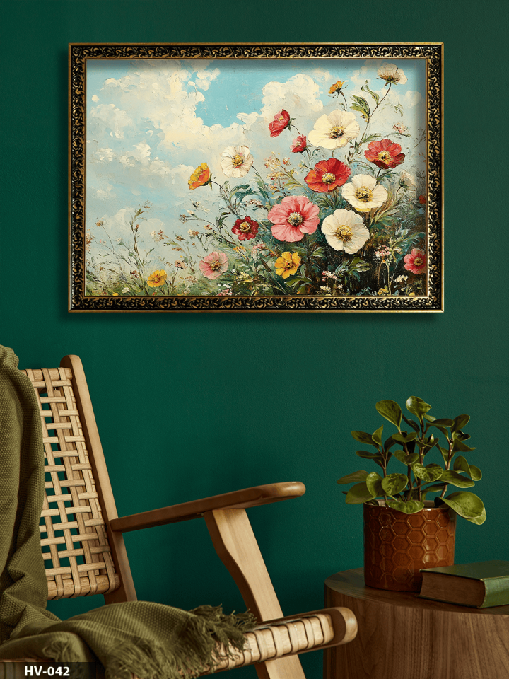 Renkli Çiçekler Vintage Desenli Premium Çerçeveli Tek Parça Tablo 75x55 CM HV