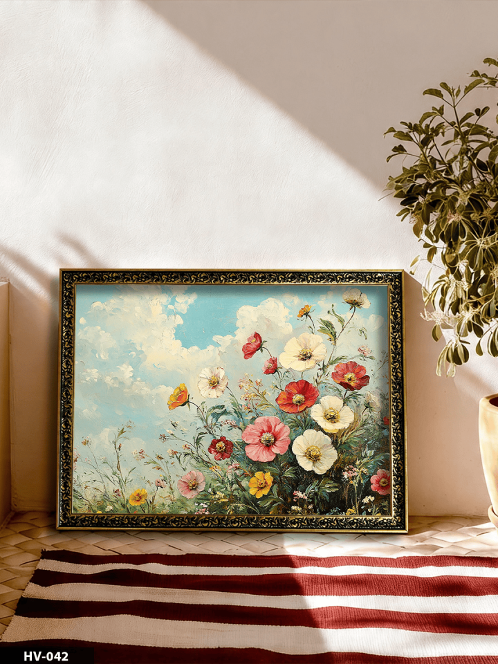 Renkli Çiçekler Vintage Desenli Premium Çerçeveli Tek Parça Tablo 75x55 CM HV