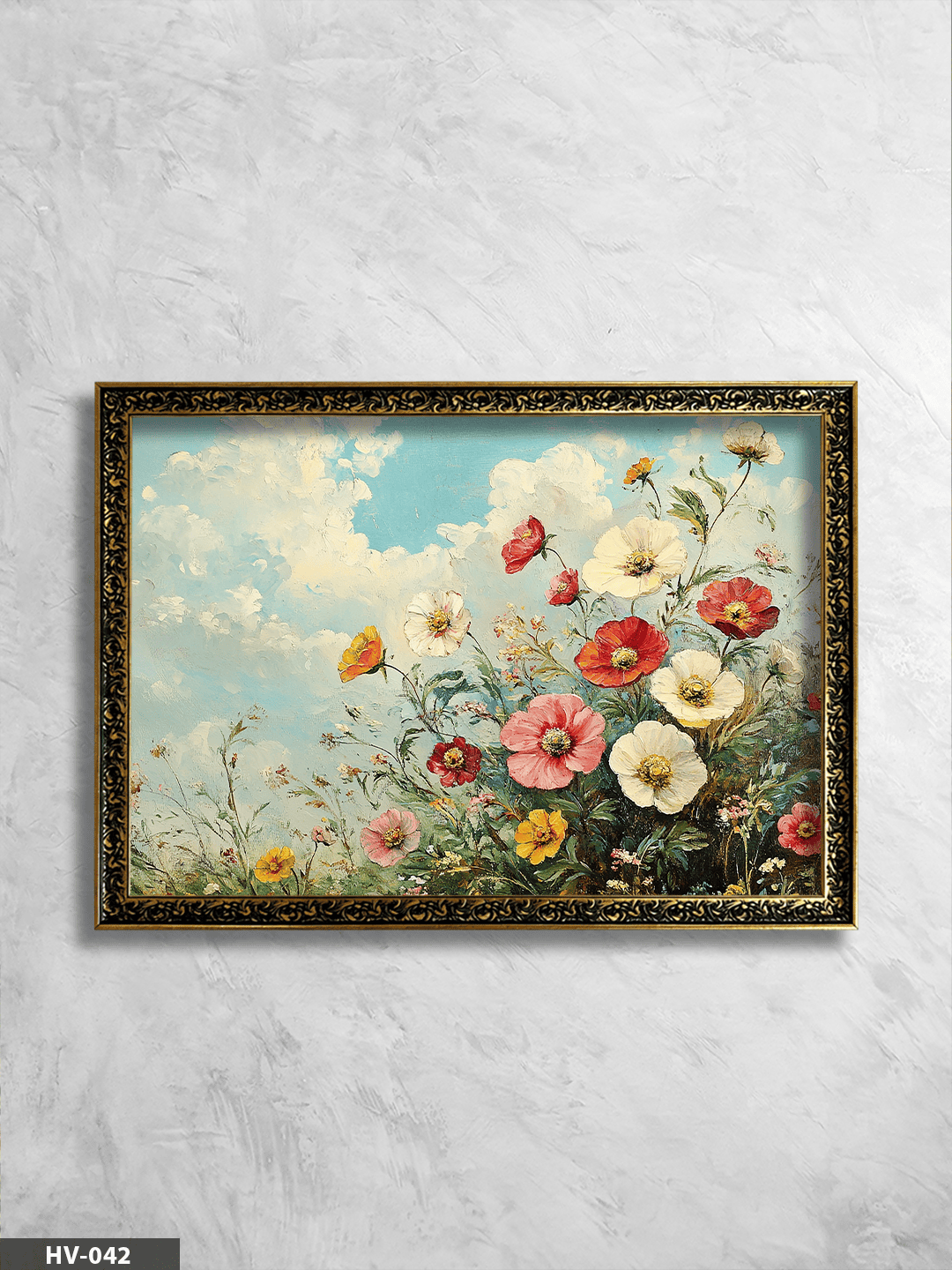 Renkli Çiçekler Vintage Desenli Premium Çerçeveli Tek Parça Tablo 75x55 CM HV