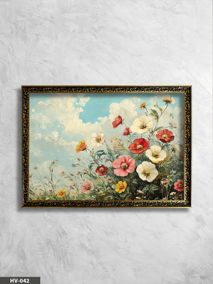 Renkli Çiçekler Vintage Desenli Premium Çerçeveli Tek Parça Tablo 75x55 CM HV
