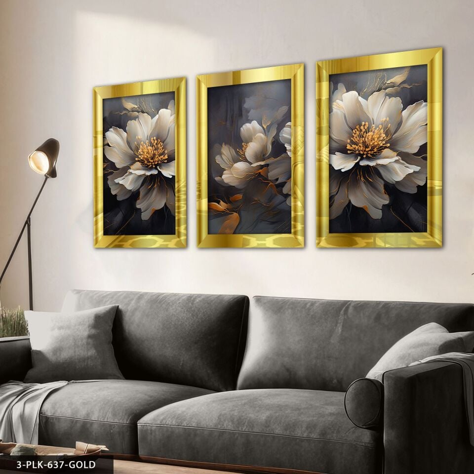 Çiçekler 3 Parça Pleksi Aynalı Tablo 60 x 80 CM - Gold