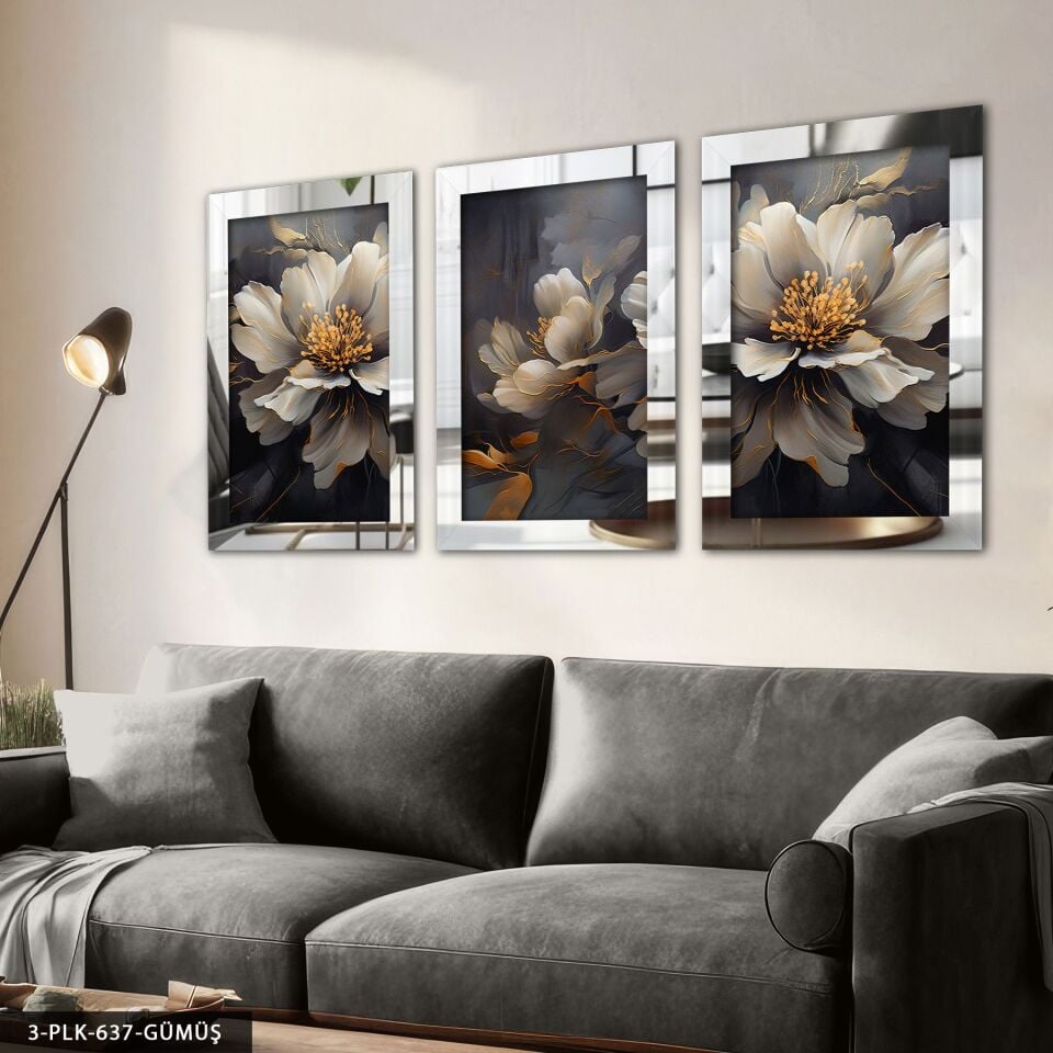 Çiçekler 3 Parça Pleksi Aynalı Tablo 60 x 80 CM - Gümüş