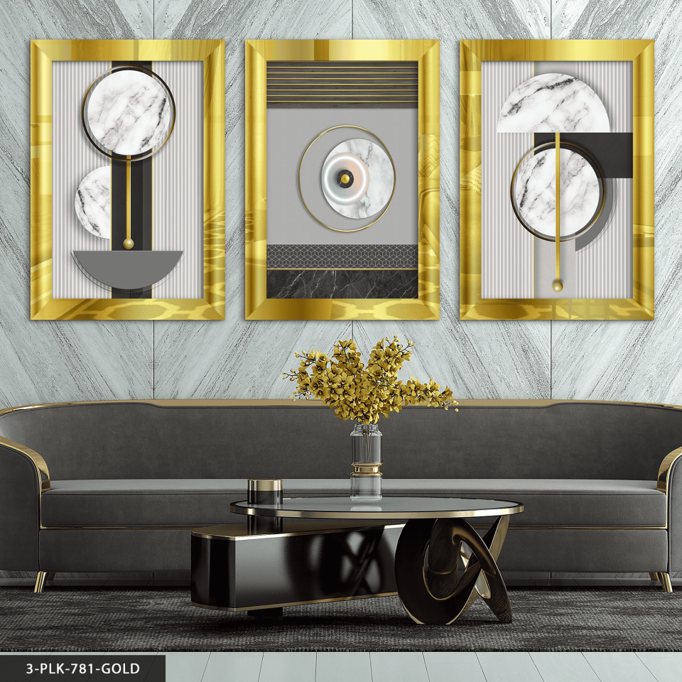 Dairesel Soyut Sanat 3 Parça Pleksi Aynalı Tablo 30 x 40 CM - Gold