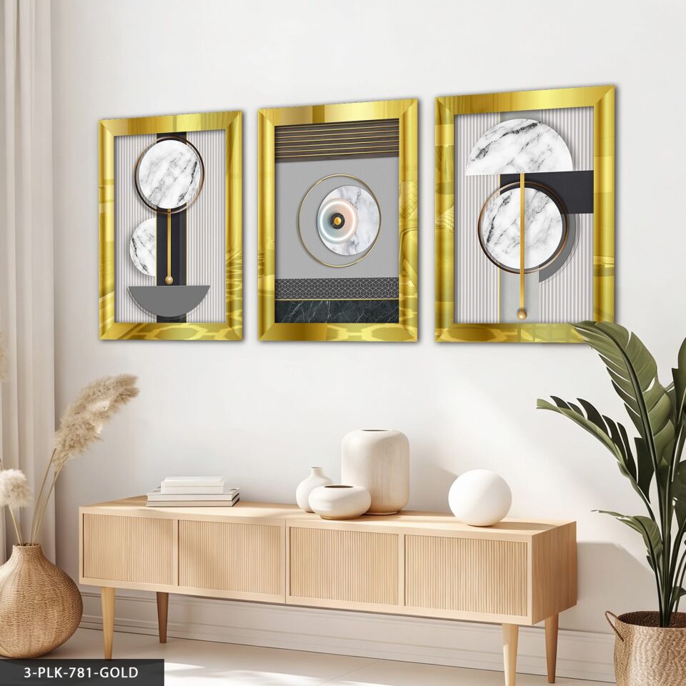 Dairesel Soyut Sanat 3 Parça Pleksi Aynalı Tablo 30 x 40 CM - Gold