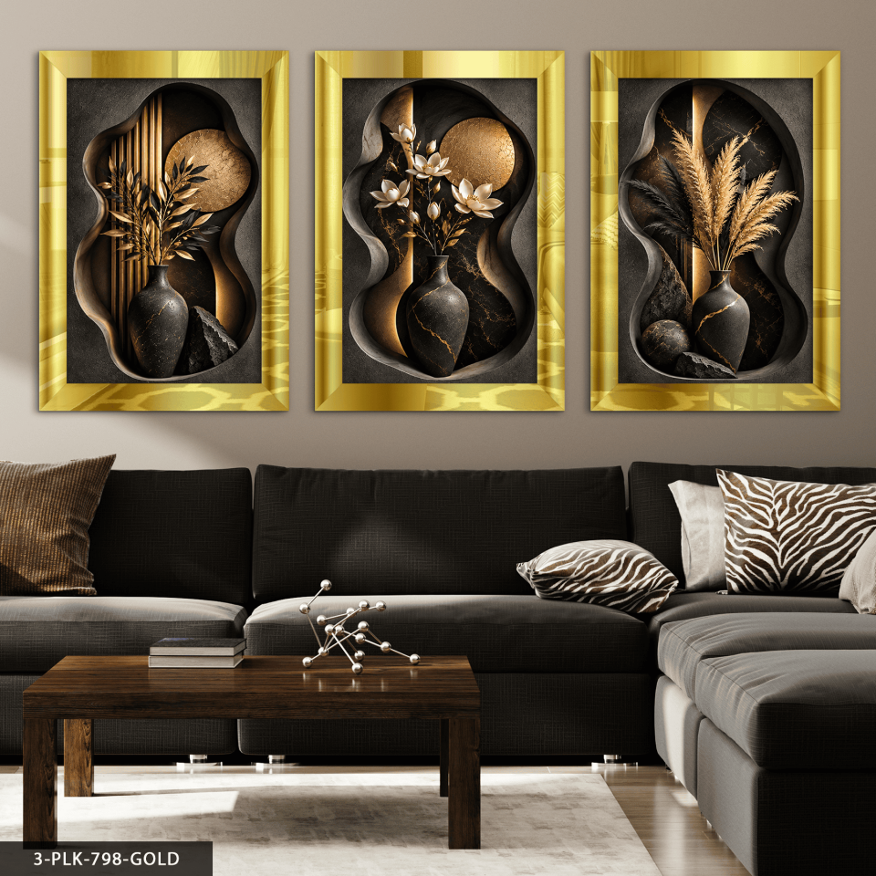 Modern Vazoda Bitkiler 3 Parça Pleksi Aynalı Tablo 30 x 40 CM - Gold