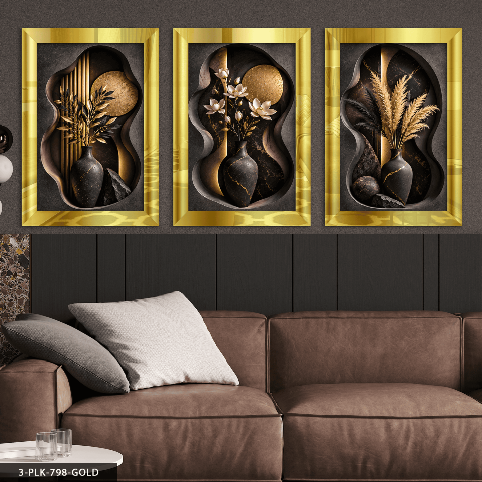 Modern Vazoda Bitkiler 3 Parça Pleksi Aynalı Tablo 30 x 40 CM - Gold