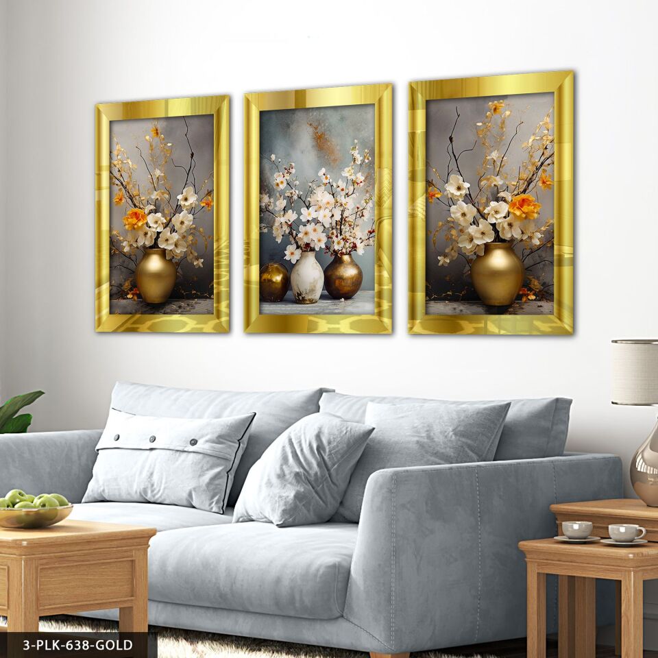 Gold ve Beyaz Vazoda Çiçekler 3 Parça Pleksi Aynalı Tablo 60 x 80 CM - Gold