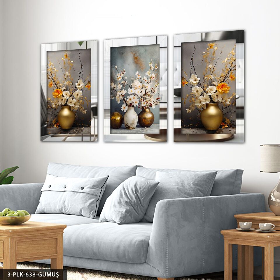Gold ve Beyaz Vazoda Çiçekler 3 Parça Pleksi Aynalı Tablo 60 x 80 CM - Gümüş