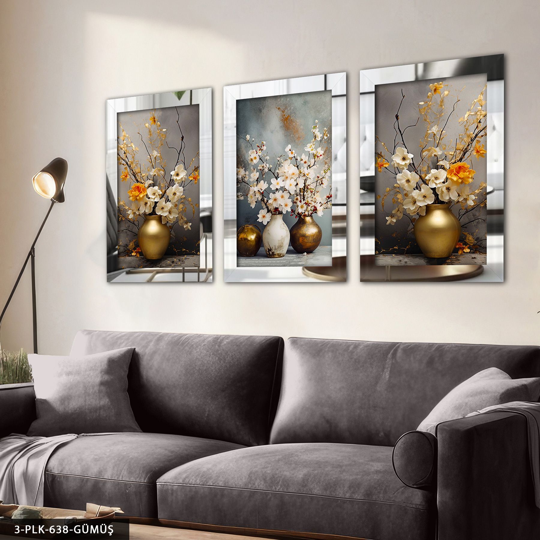 Gold ve Beyaz Vazoda Çiçekler 3 Parça Pleksi Aynalı Tablo 60 x 80 CM - Gümüş