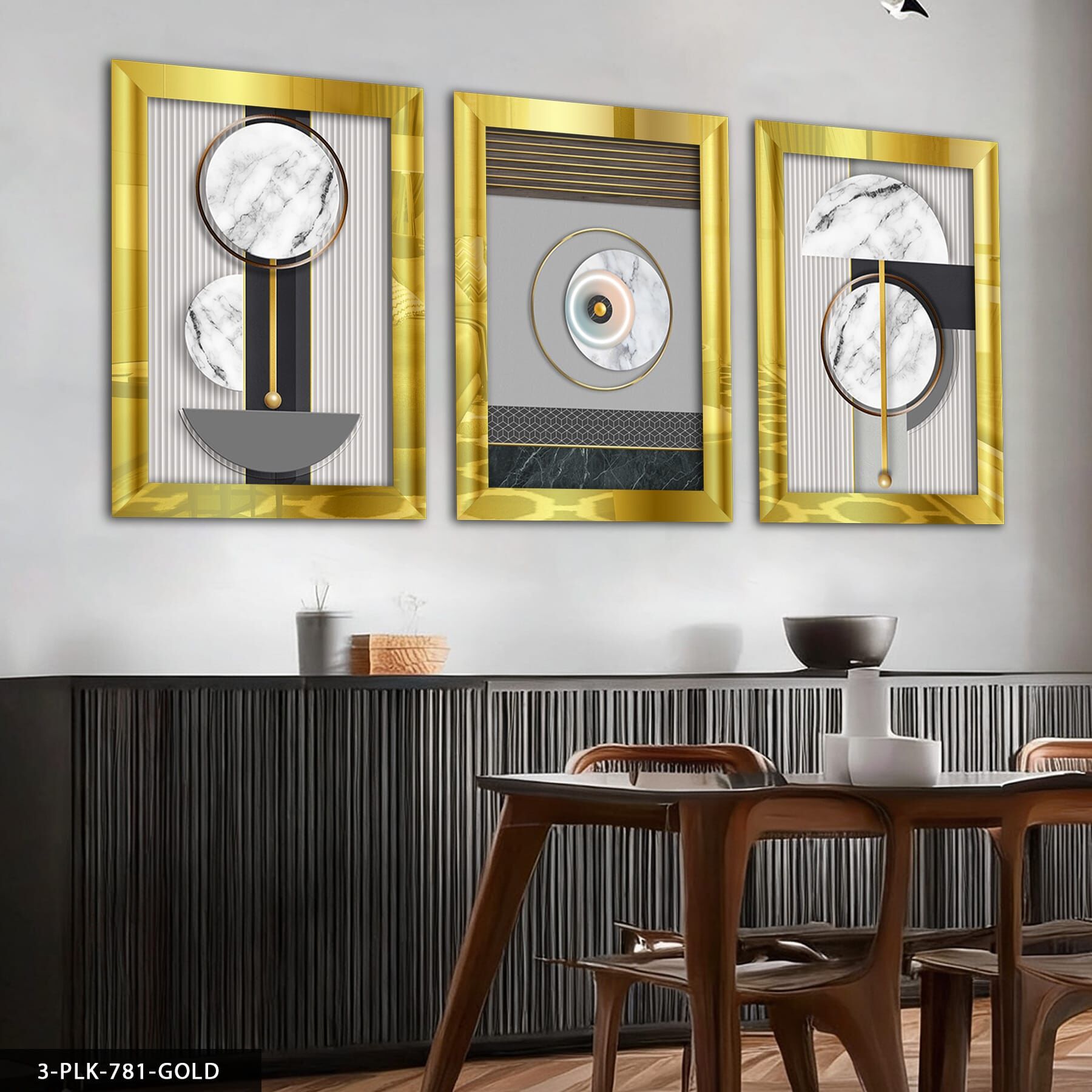 Dairesel Soyut Sanat 3 Parça Pleksi Aynalı Tablo 40 x 60 CM - Gold