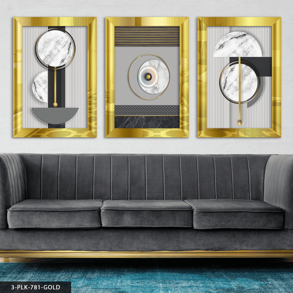 Dairesel Soyut Sanat 3 Parça Pleksi Aynalı Tablo 40 x 60 CM - Gold