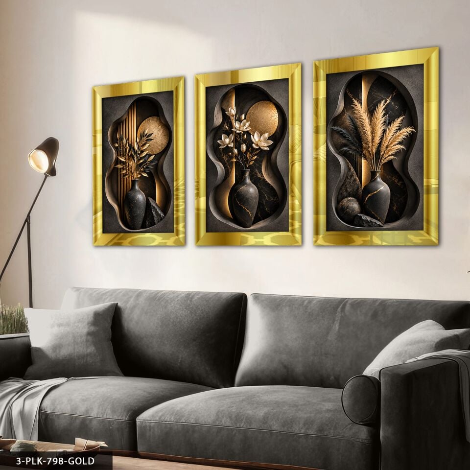 Modern Vazoda Bitkiler 3 Parça Pleksi Aynalı Tablo 40 x 60 CM - Gold