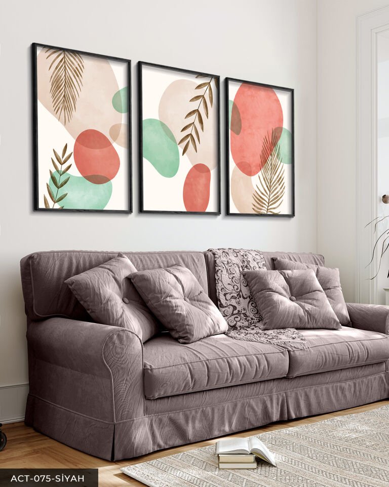 Renkli Soyut Desen 3 Parça Ahşap Çerçeveli Tablo Siyah - 40 x 60 CM
