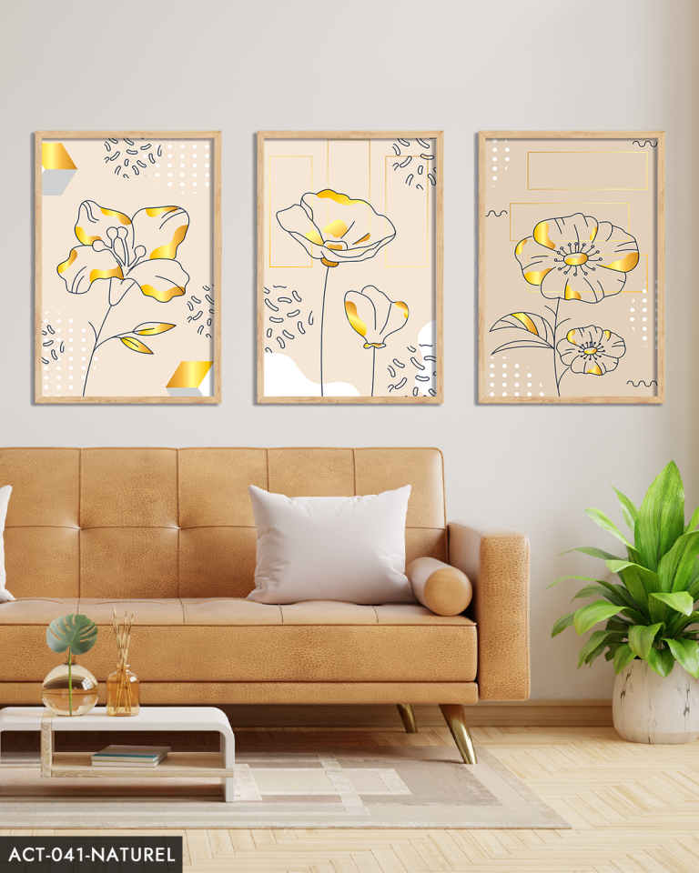 Çizim Çiçek 3 Parça Ahşap Çerçeveli Tablo ACT Naturel - 30 x 40 CM