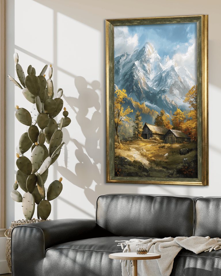 Dağların İçinde Köy Premium Çerçeveli Tek Parça Tablo 65X110 cm PRM Yeşil