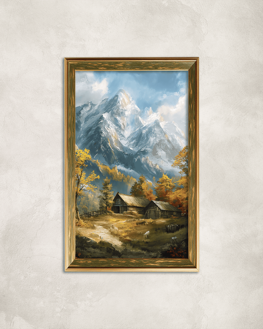 Dağların İçinde Köy Premium Çerçeveli Tek Parça Tablo 65X110 cm PRM Yeşil