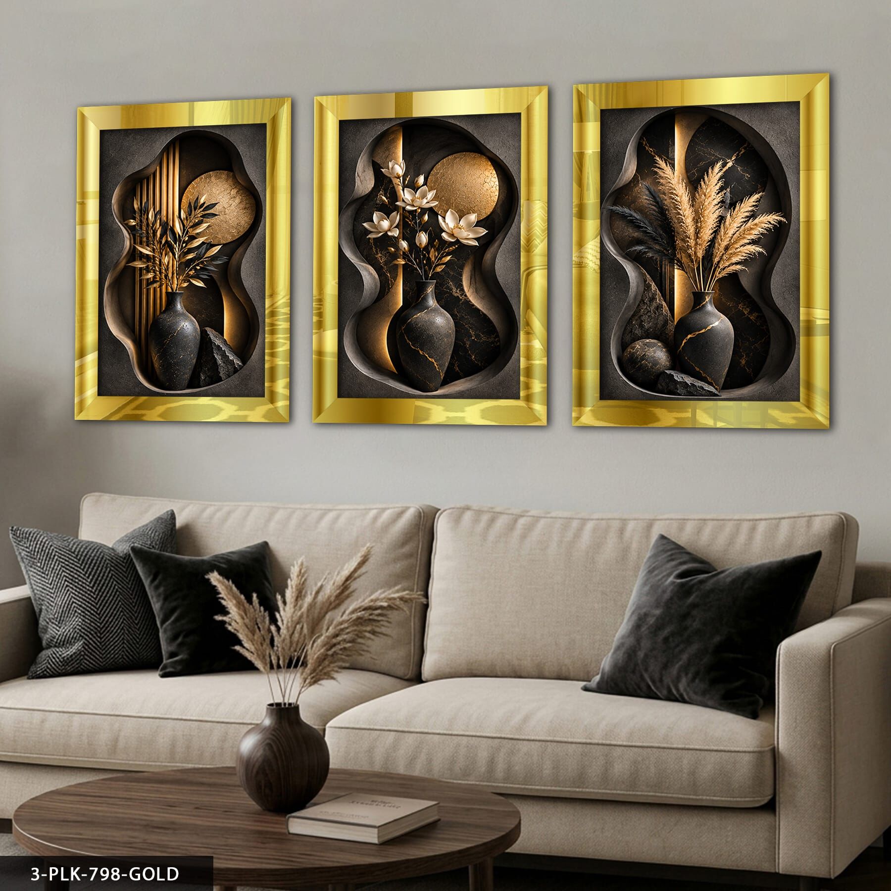 Modern Vazoda Bitkiler 3 Parça Pleksi Aynalı Tablo 50 x 70 CM - Gold