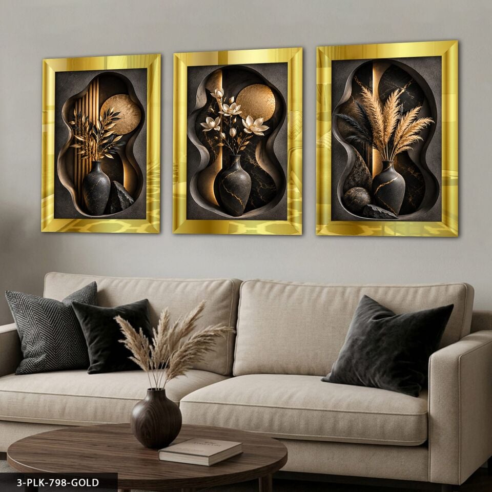 Modern Vazoda Bitkiler 3 Parça Pleksi Aynalı Tablo 50 x 70 CM - Gold