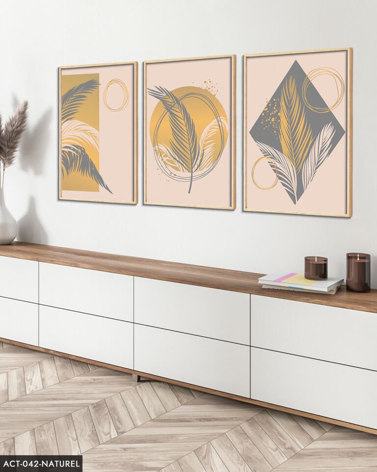 Sanatsal Tüy Desen 3 Parça Ahşap Çerçeveli Tablo ACT Naturel - 30 x 40 CM