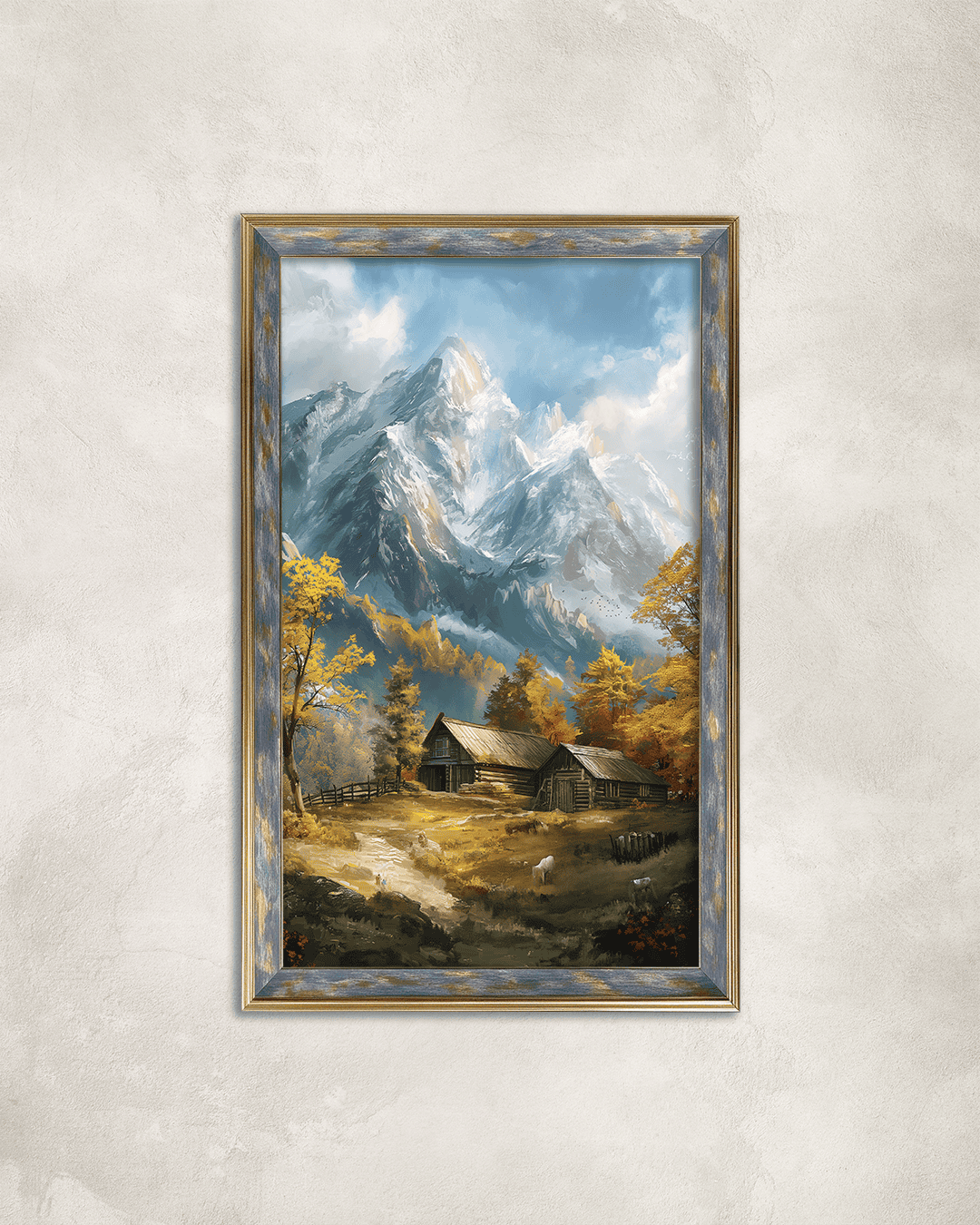 Dağların İçinde Köy Premium Çerçeveli Tek Parça Tablo 65X110 cm PRM Mavi