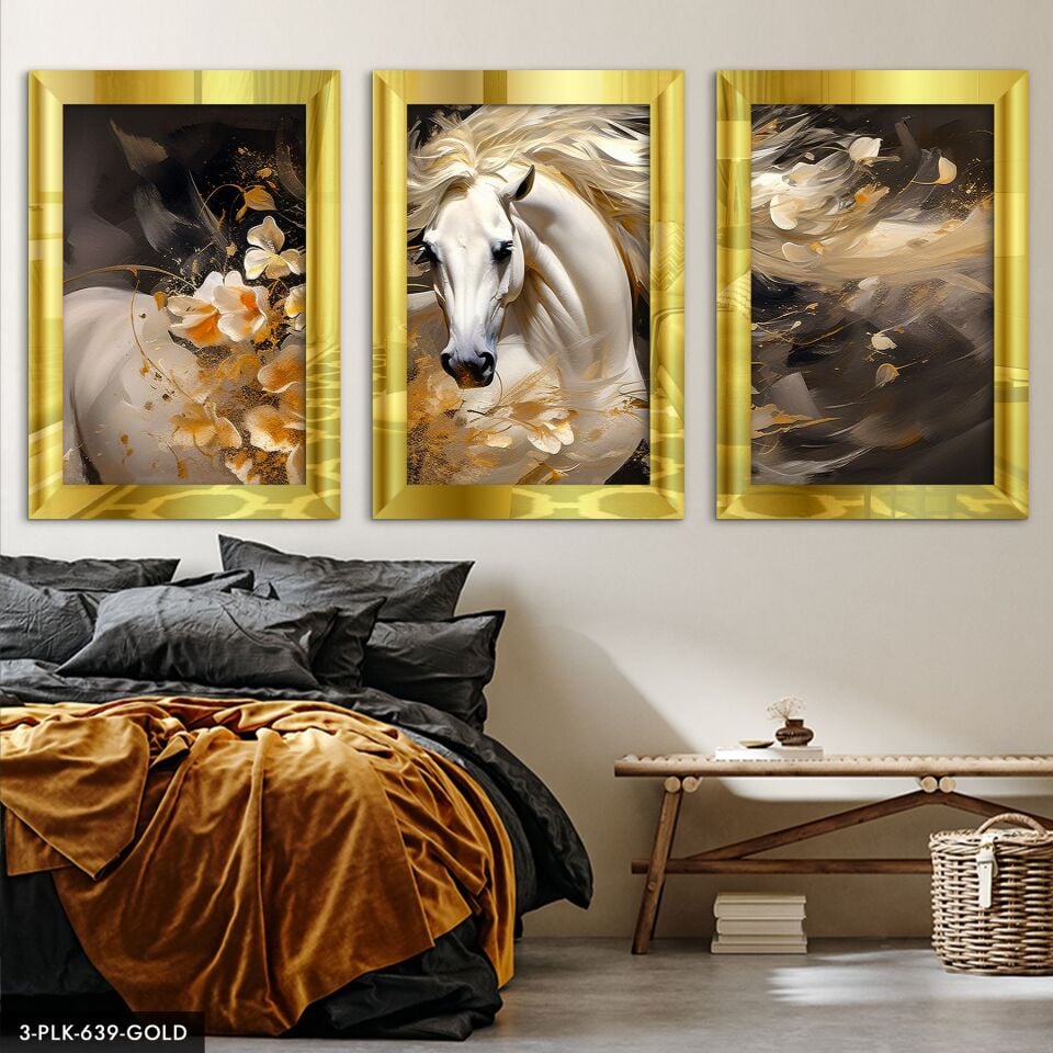 Beyaz At 3 Parça Pleksi Aynalı Tablo