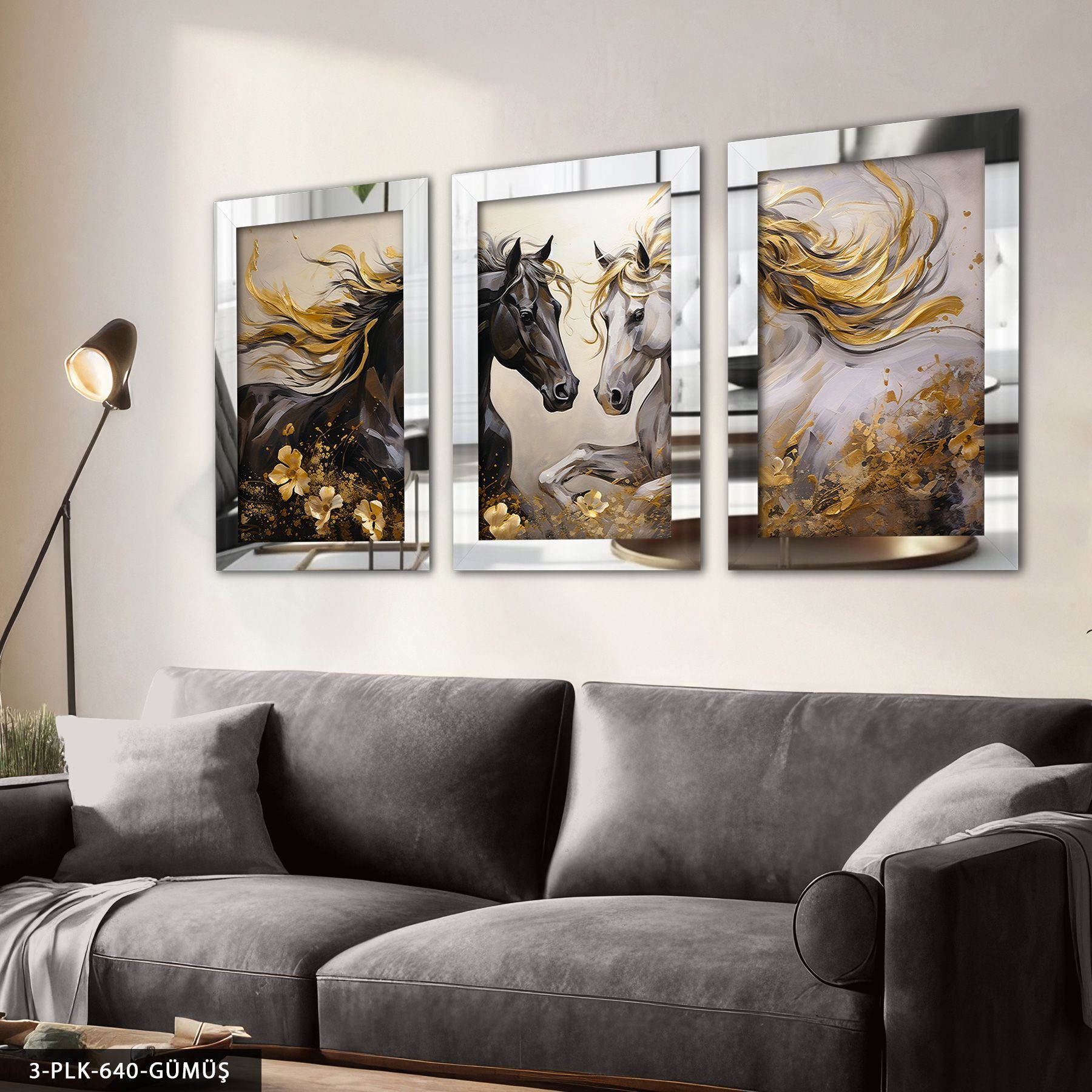 Asil Atlar 3 Parça Pleksi Aynalı Tablo 60 x 80 CM - Gümüş