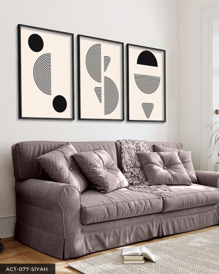 Soyut Geometrik Desenler 3 Parça Ahşap Çerçeveli Tablo Siyah - 40 x 60 CM