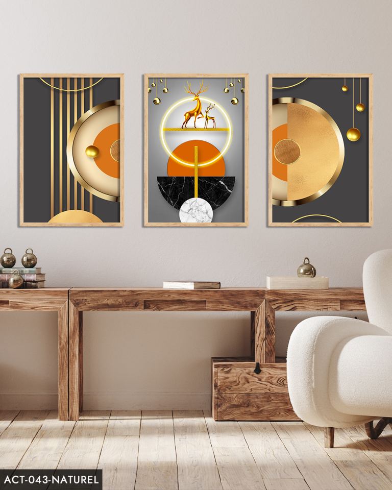 Gold, Geyik, Geometri, Soyut, Neon 3 Parça Ahşap Çerçeveli Tablo ACT Naturel - 30 x 40 CM