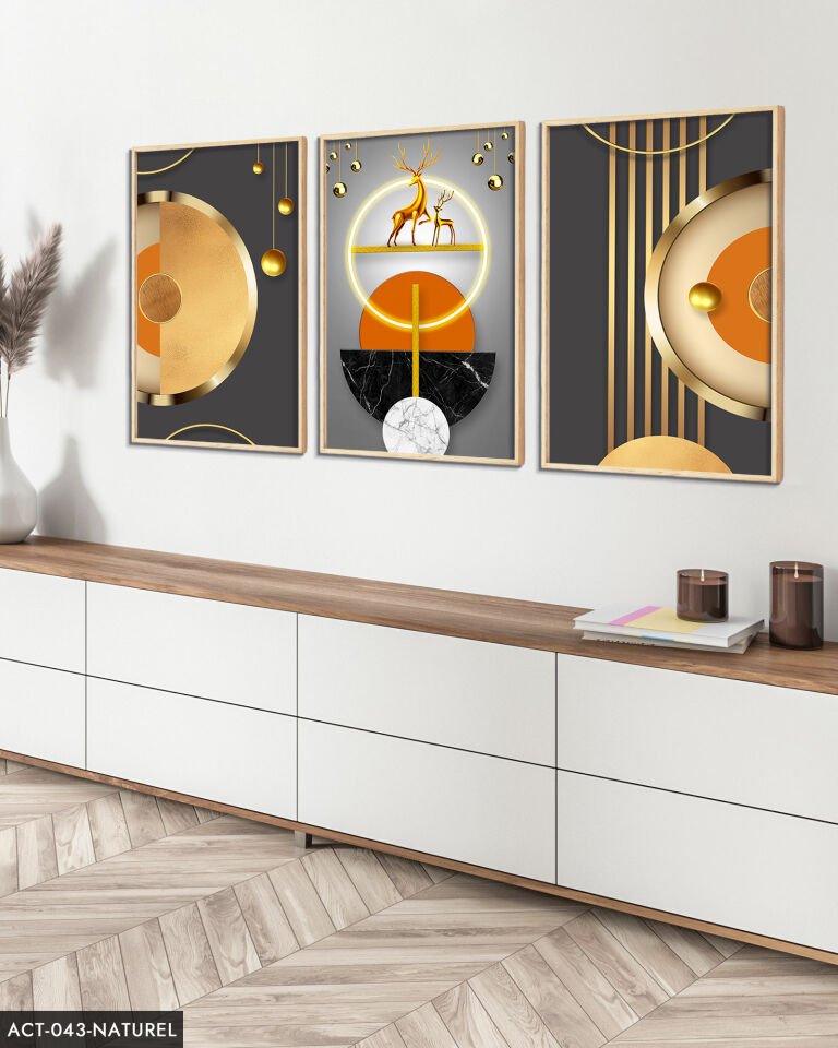 Gold, Geyik, Geometri, Soyut, Neon 3 Parça Ahşap Çerçeveli Tablo ACT Naturel - 30 x 40 CM