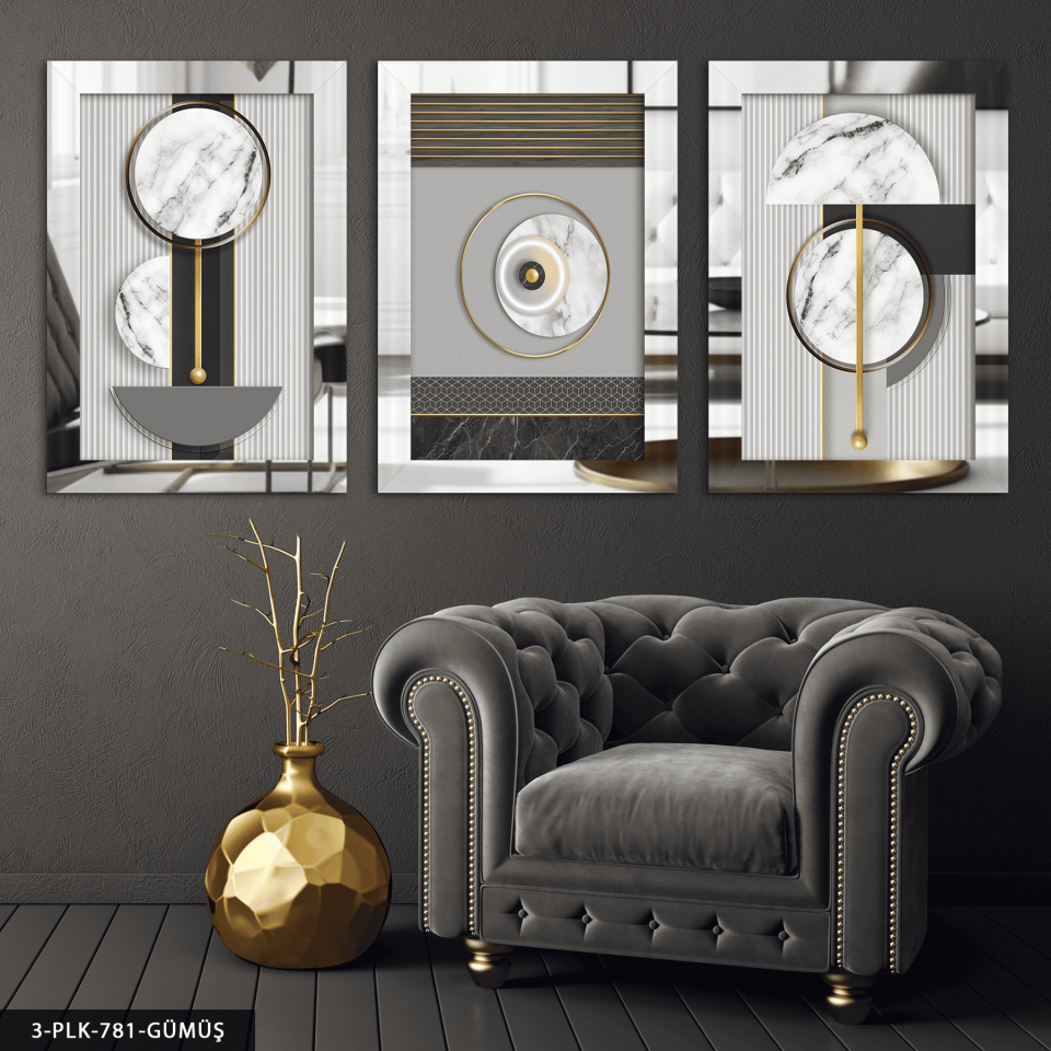 Dairesel Soyut Sanat 3 Parça Pleksi Aynalı Tablo Gümüş - 40 x 60 CM