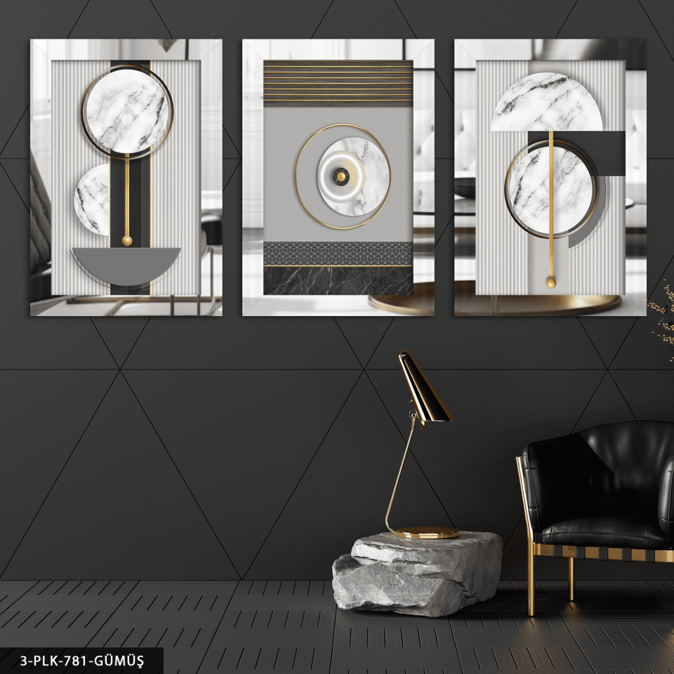 Dairesel Soyut Sanat 3 Parça Pleksi Aynalı Tablo Gümüş - 40 x 60 CM