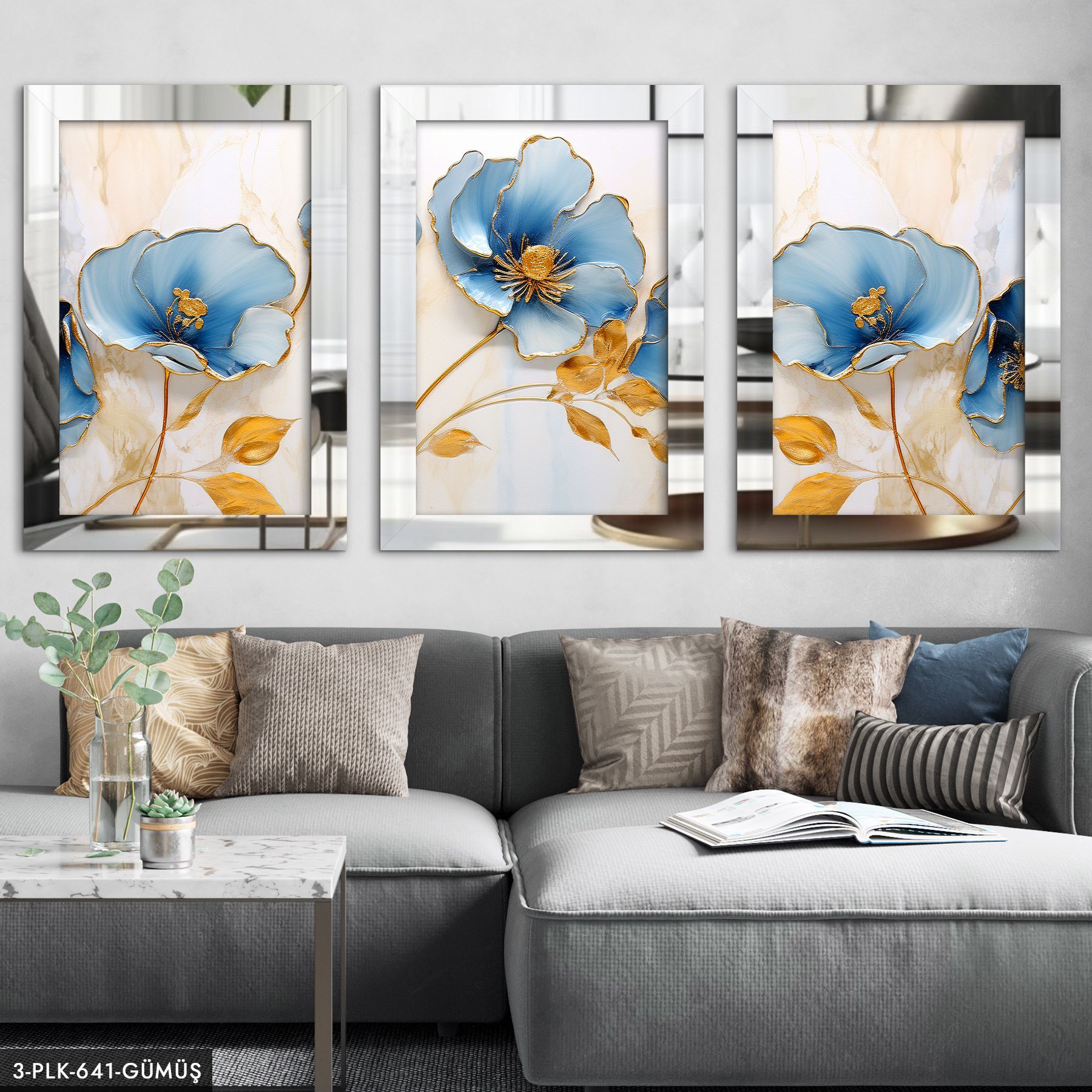 Mavi Çiçek 3 Parça Pleksi Aynalı Tablo 60 x 80 CM - Gümüş