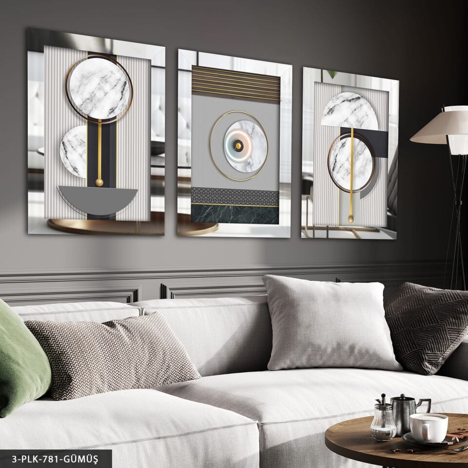 Dairesel Soyut Sanat 3 Parça Pleksi Aynalı Tablo Gümüş - 50 x 70 CM