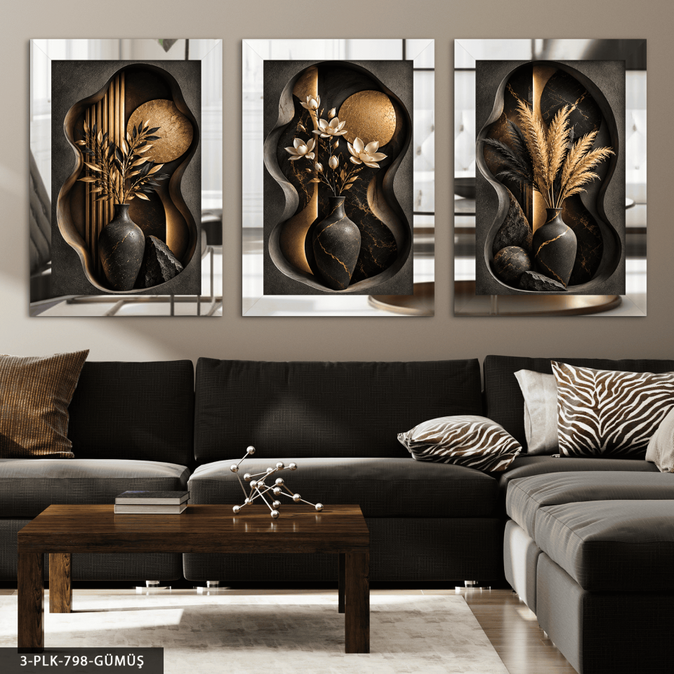 Modern Vazoda Bitkiler 3 Parça Pleksi Aynalı Tablo Gümüş - 50 x 70 CM